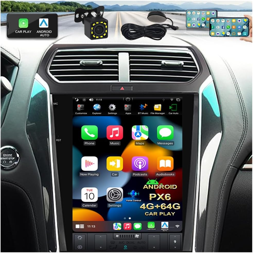 CUSP 12.1 Inch Android Car Stereo for Ford Explorer 2011-2019, PX6 4GB+64GB Vertical Touchscreen Head Unit with Wireless CarPlay, Android Auto, GPS, Bluetooth, WiFi, DSP, Voice Control