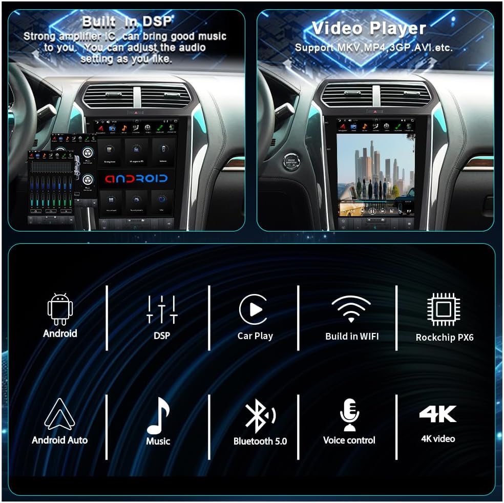 CUSP 12.1 Inch Android Car Stereo for Ford Explorer 2011-2019, PX6 4GB+64GB Vertical Touchscreen Head Unit with Wireless CarPlay, Android Auto, GPS, Bluetooth, WiFi, DSP, Voice Control