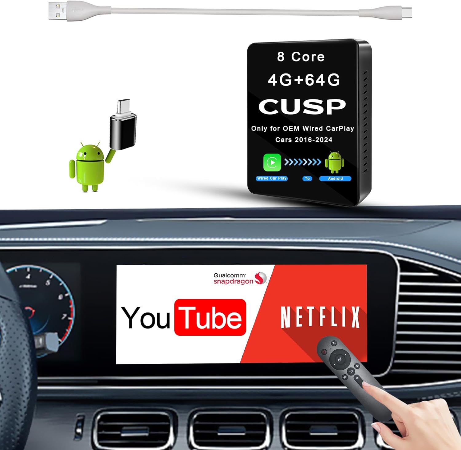 CUSP Wireless CarPlay AI Box for Cars with OEM Wired CarPlay, Qualcomm 8-Core 4GB+64GB Android Multimedia Adapter with Wireless CarPlay, Wireless Android Auto, 4G SIM, GPS, WiFi, Bluetooth