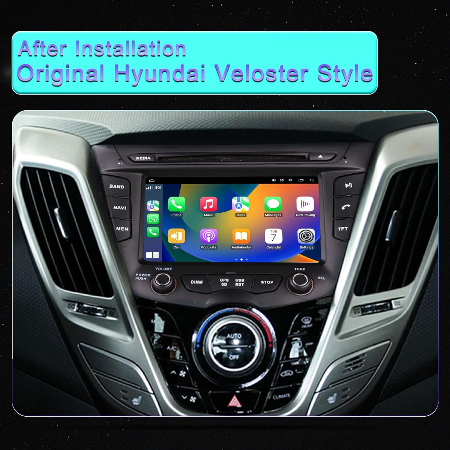 Hyundai Veloster Android head unit installed dashboard style reference