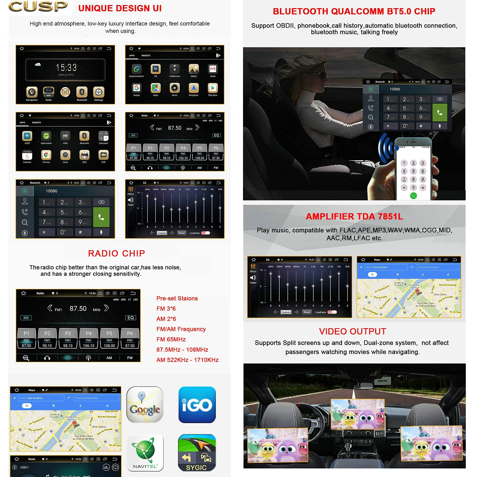 CUSP Android car stereo Bluetooth WiFi GPS radio video output features