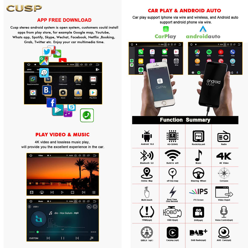 CUSP Android car stereo CarPlay Android Auto and multimedia feature icons