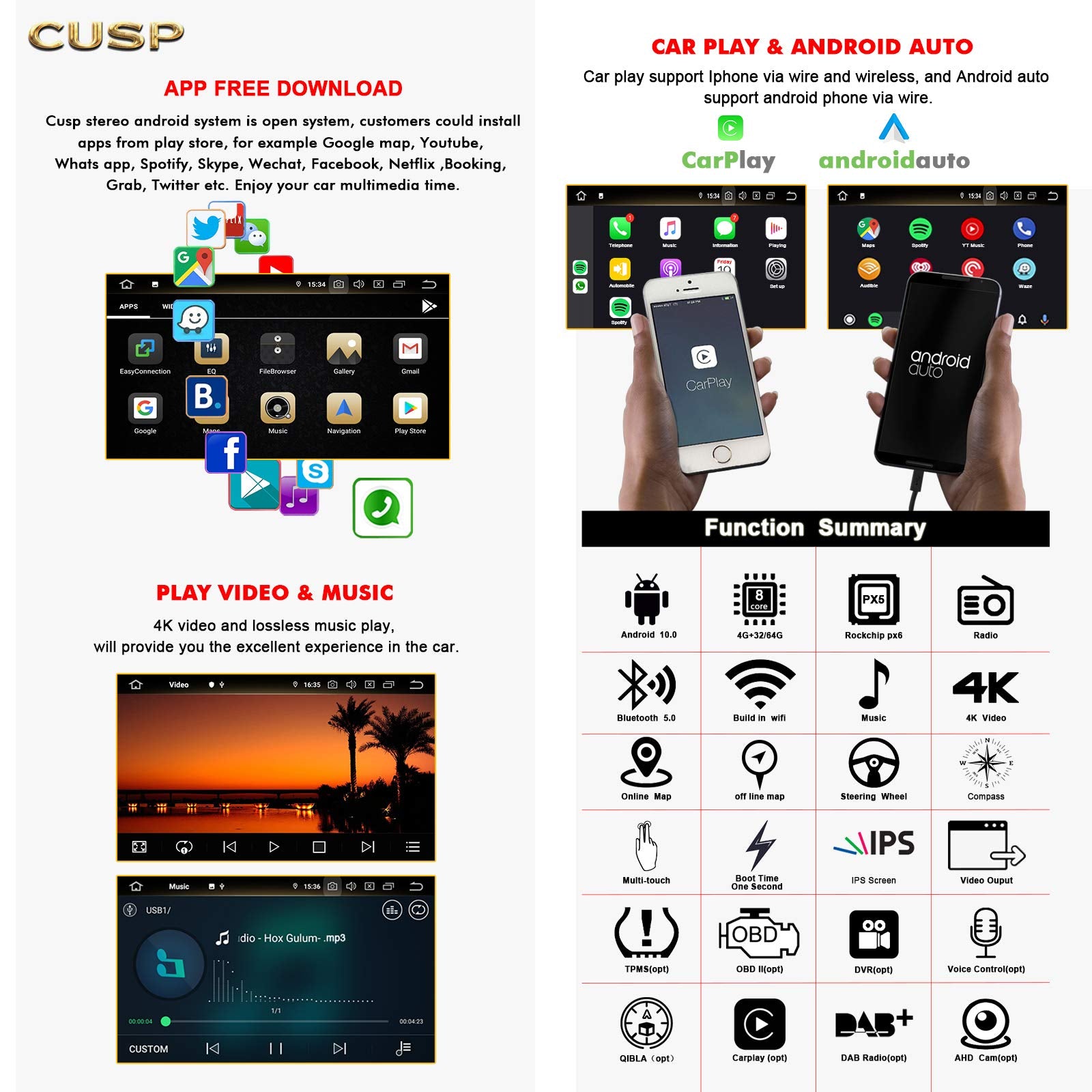 CUSP Android car stereo CarPlay Android Auto and multimedia feature icons