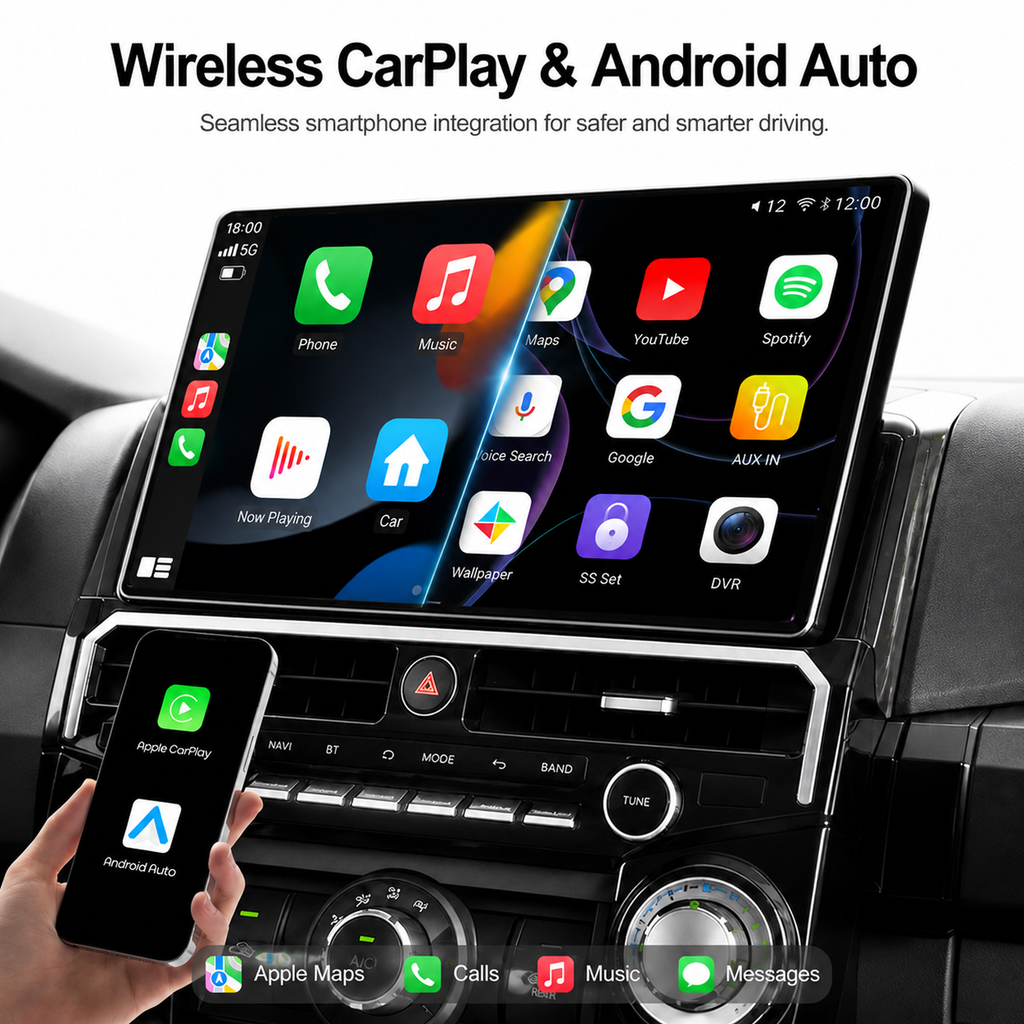 15" Android Car Stereo for Toyota 4Runner 2010-2024  head unit featuring CarPlay, Android Auto, GPS navigation, WiFi, Bluetooth and steering wheel control support.