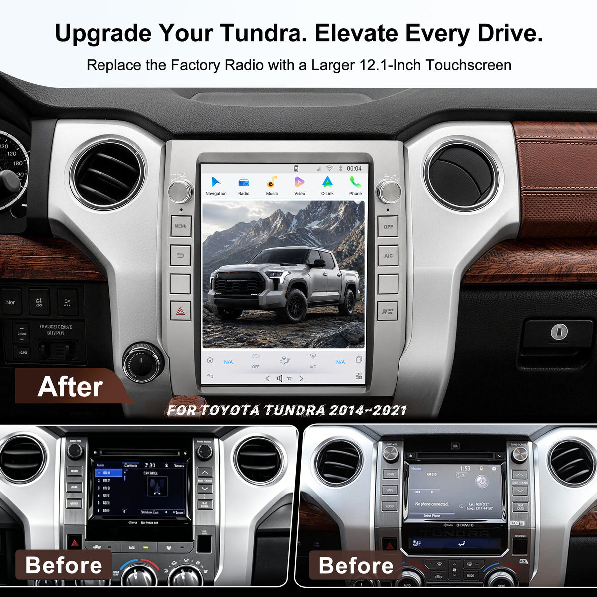 12.1" Android 14 T-Style Car Stereo for Toyota Tundra 2014-2021 head unit featuring CarPlay, Android Auto, GPS navigation, WiFi, Bluetooth and steering wheel control support